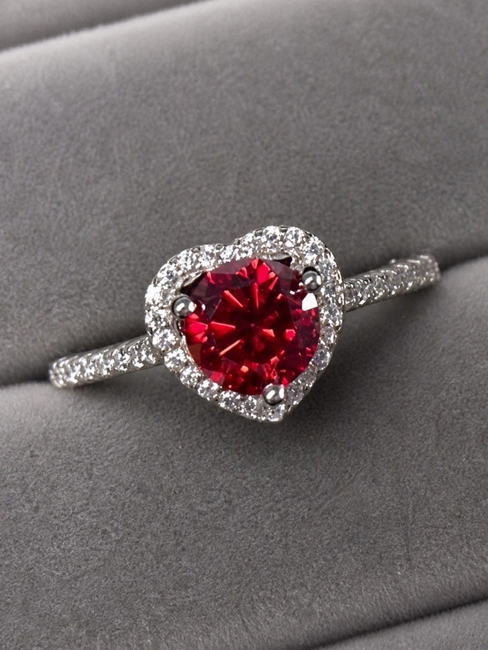 Moissanite 1.0 CT Garnet Heart Halo Ring Set in .925 Silver
